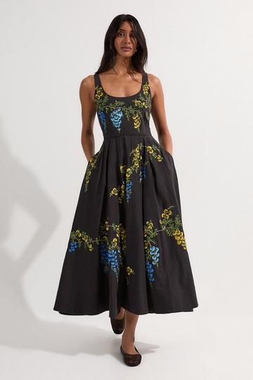 Black Petite Floral Embroidered Cotton Linen Woven Prom Dress