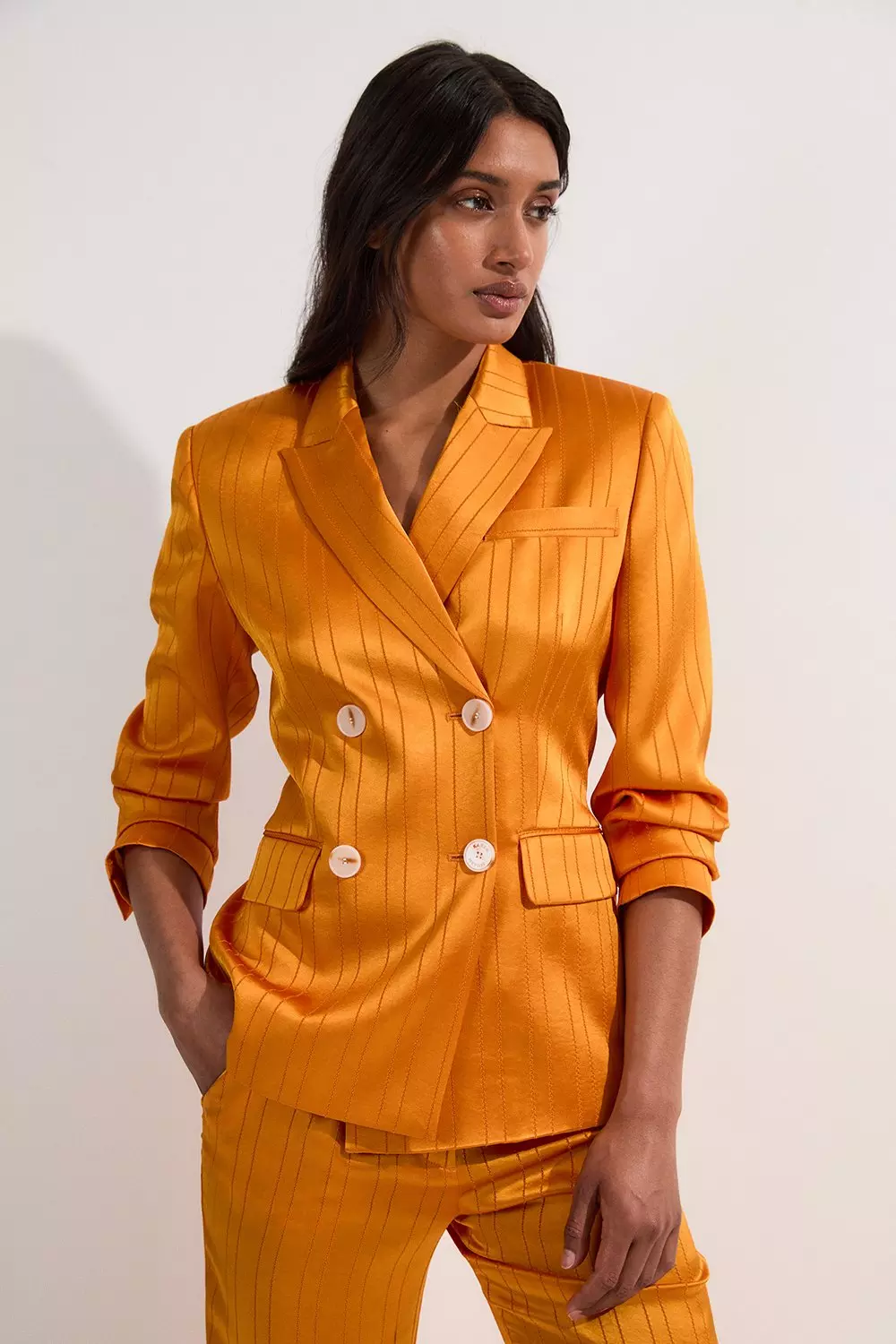 Ivory Petite Premium Satin Pinstripe Tuxedo Oversized Tailored Blazer alternative image