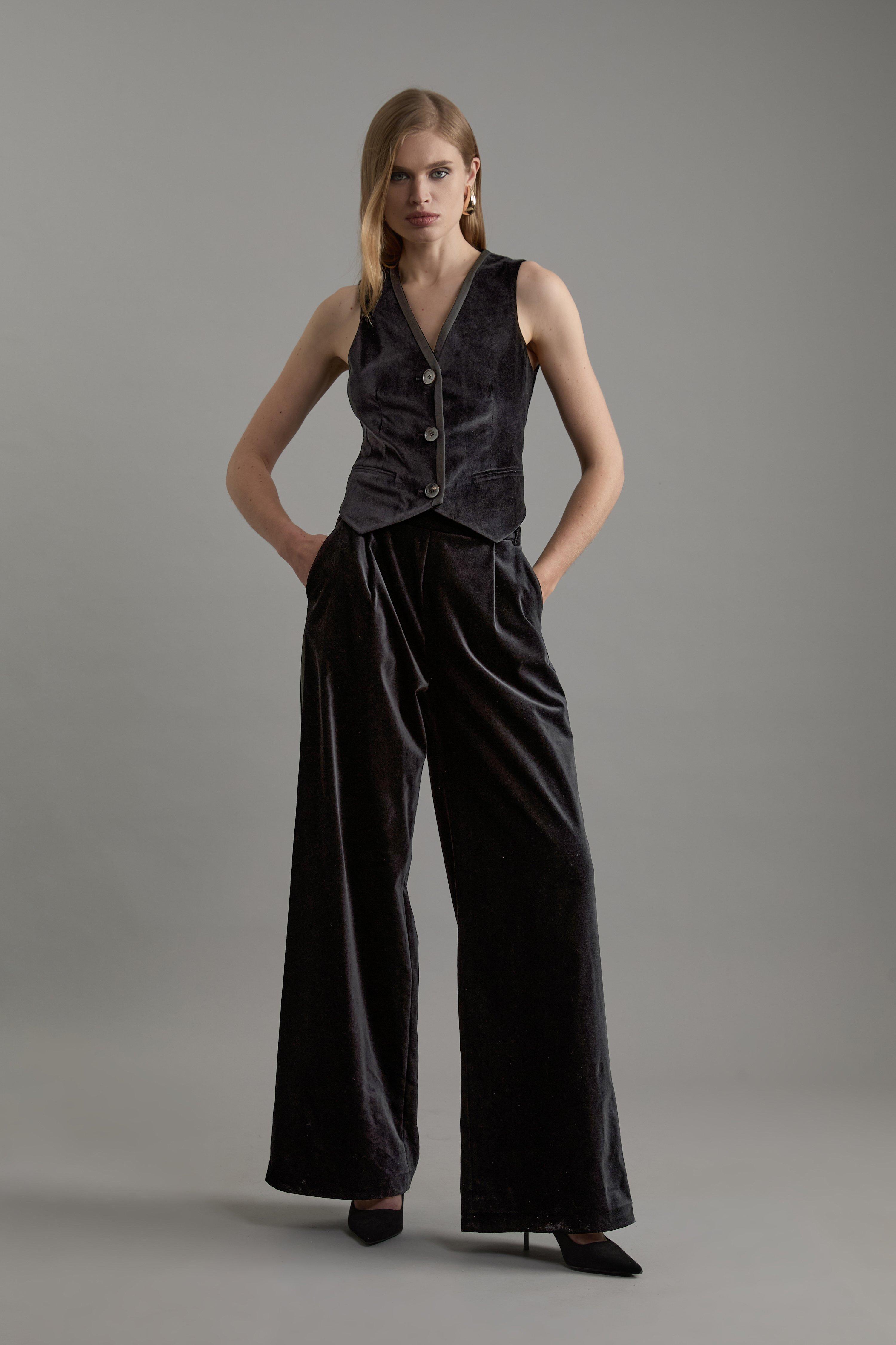 Black Velvet Grograin Detail Tailored Wide Leg Pants