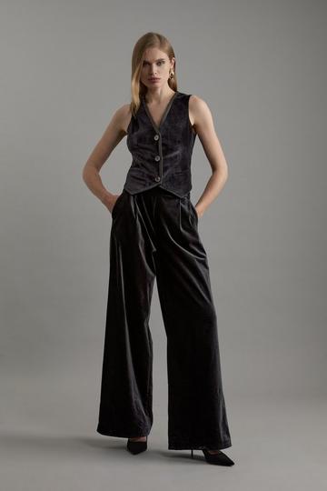 Velvet Grograin Detail Tailored Wide Leg Pants black