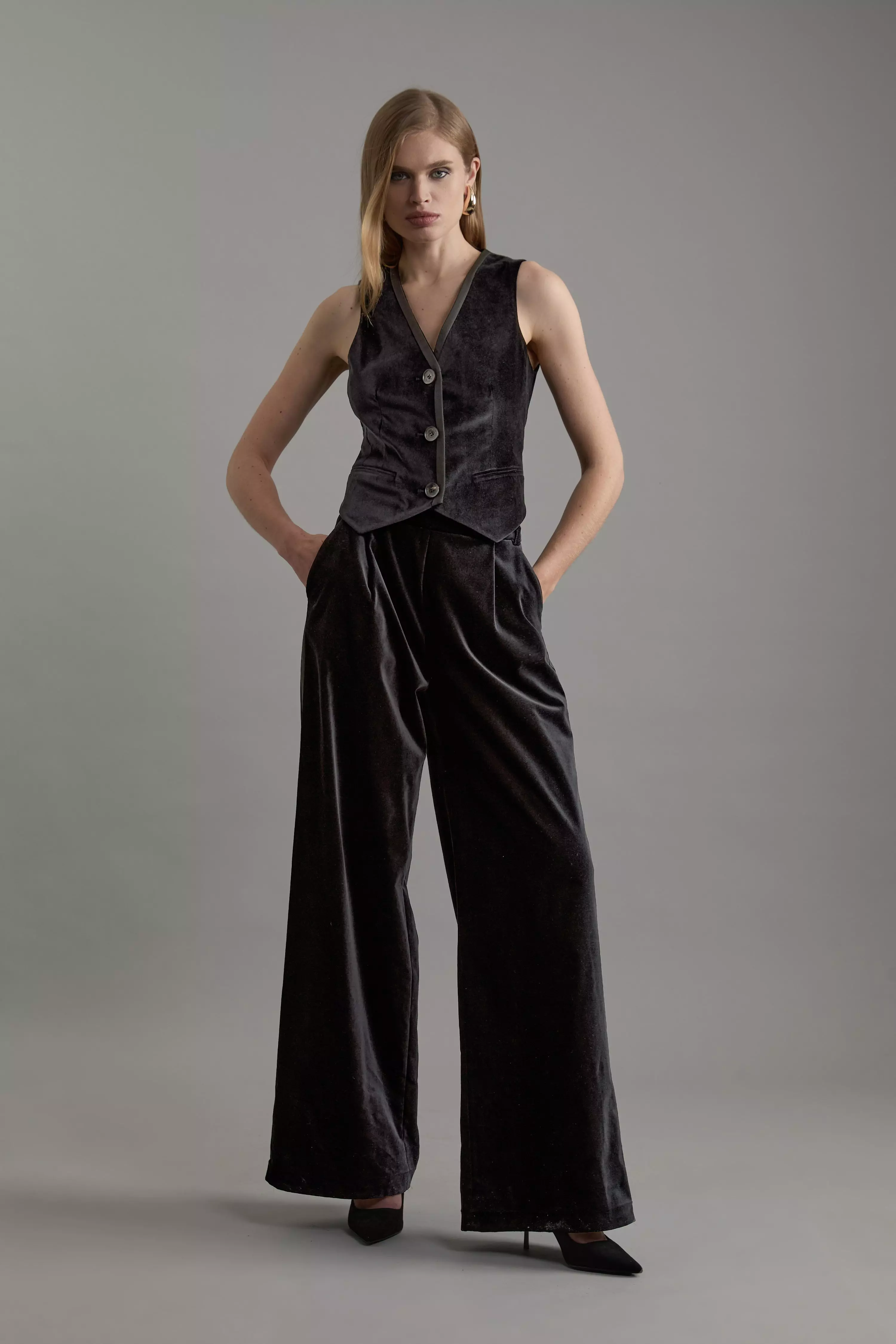 Black Velvet Grograin Detail Tailored Wide Leg Pants alternative image