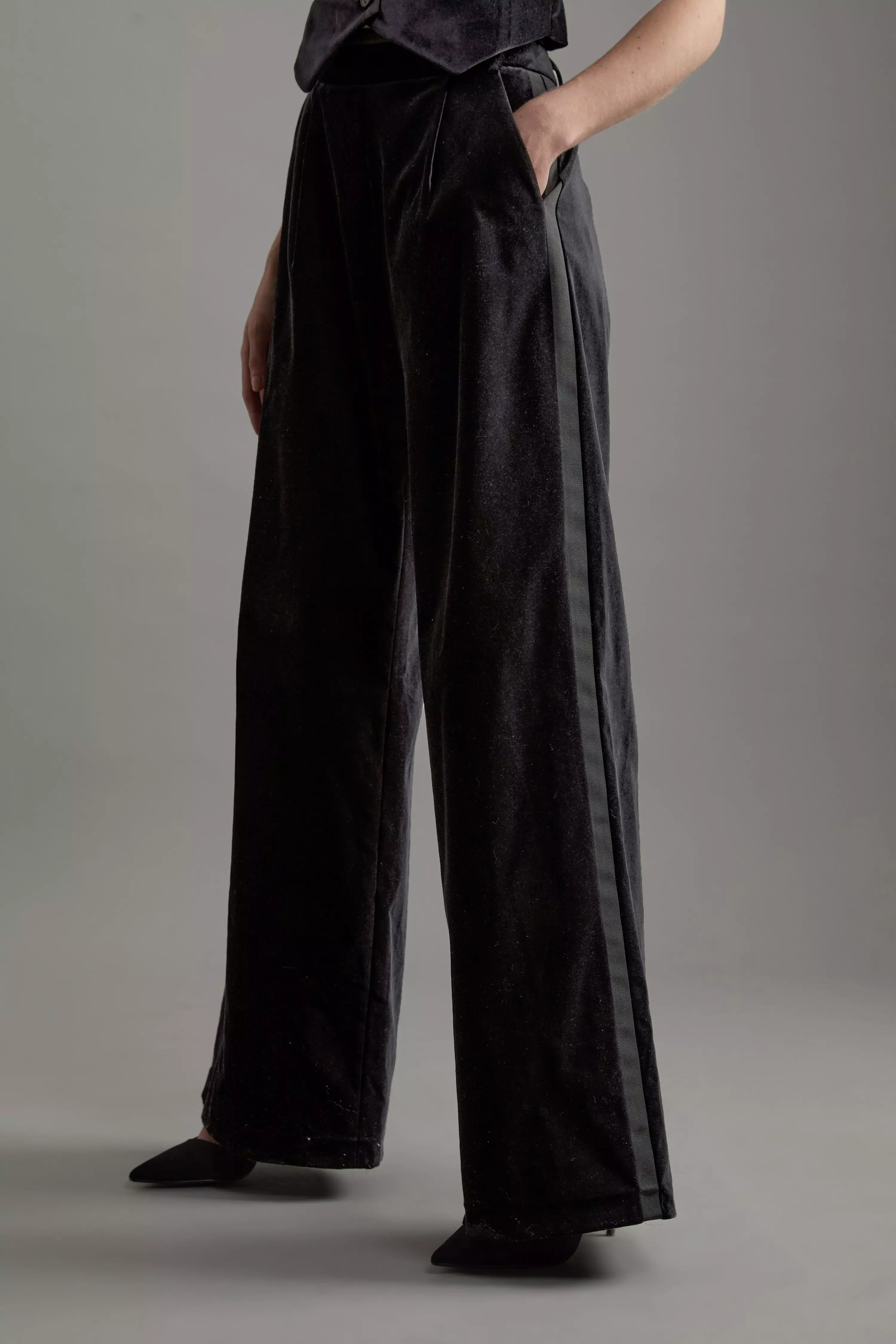 Black Velvet Grograin Detail Tailored Wide Leg Pants alternative image