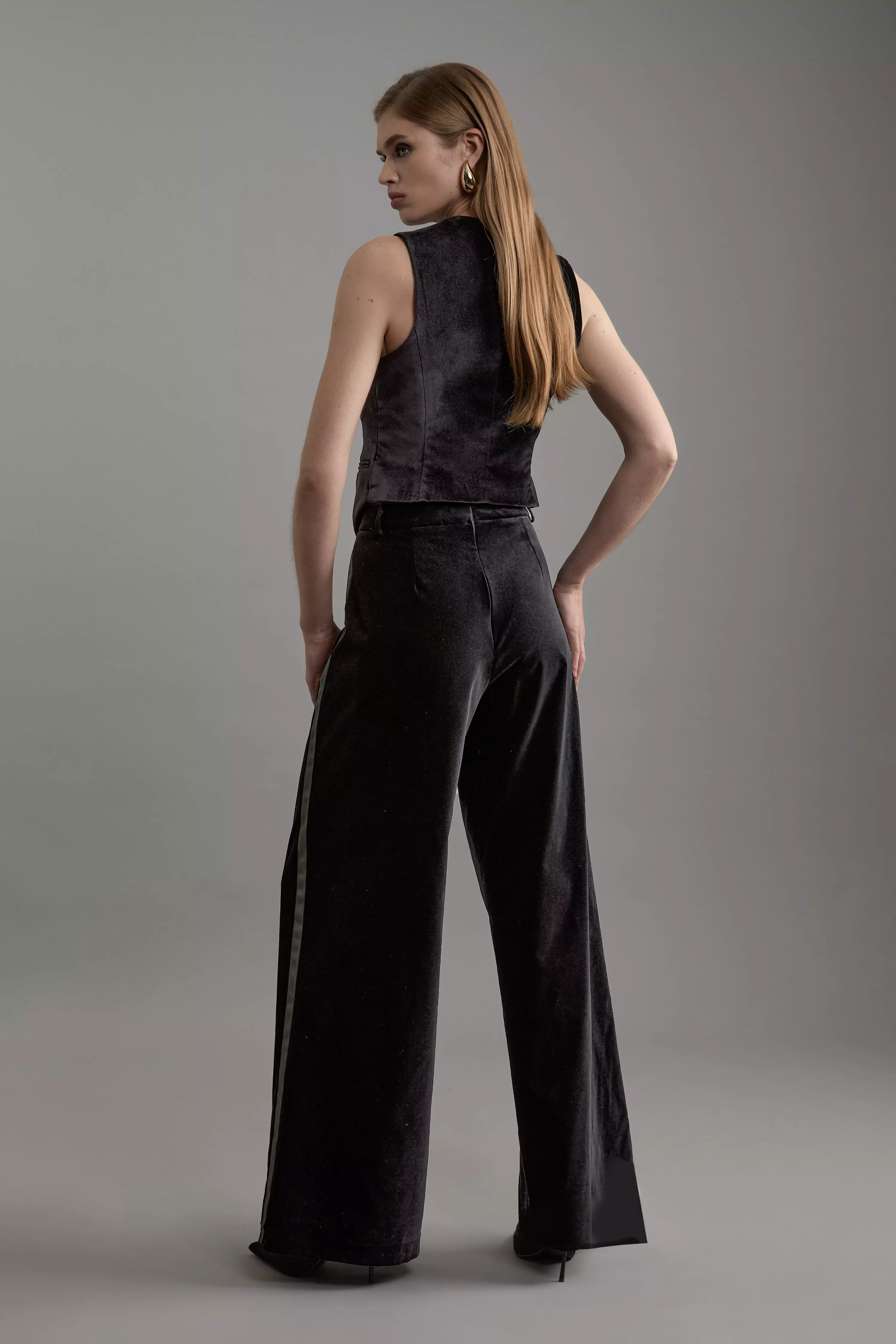 Black Velvet Grograin Detail Tailored Wide Leg Pants alternative image