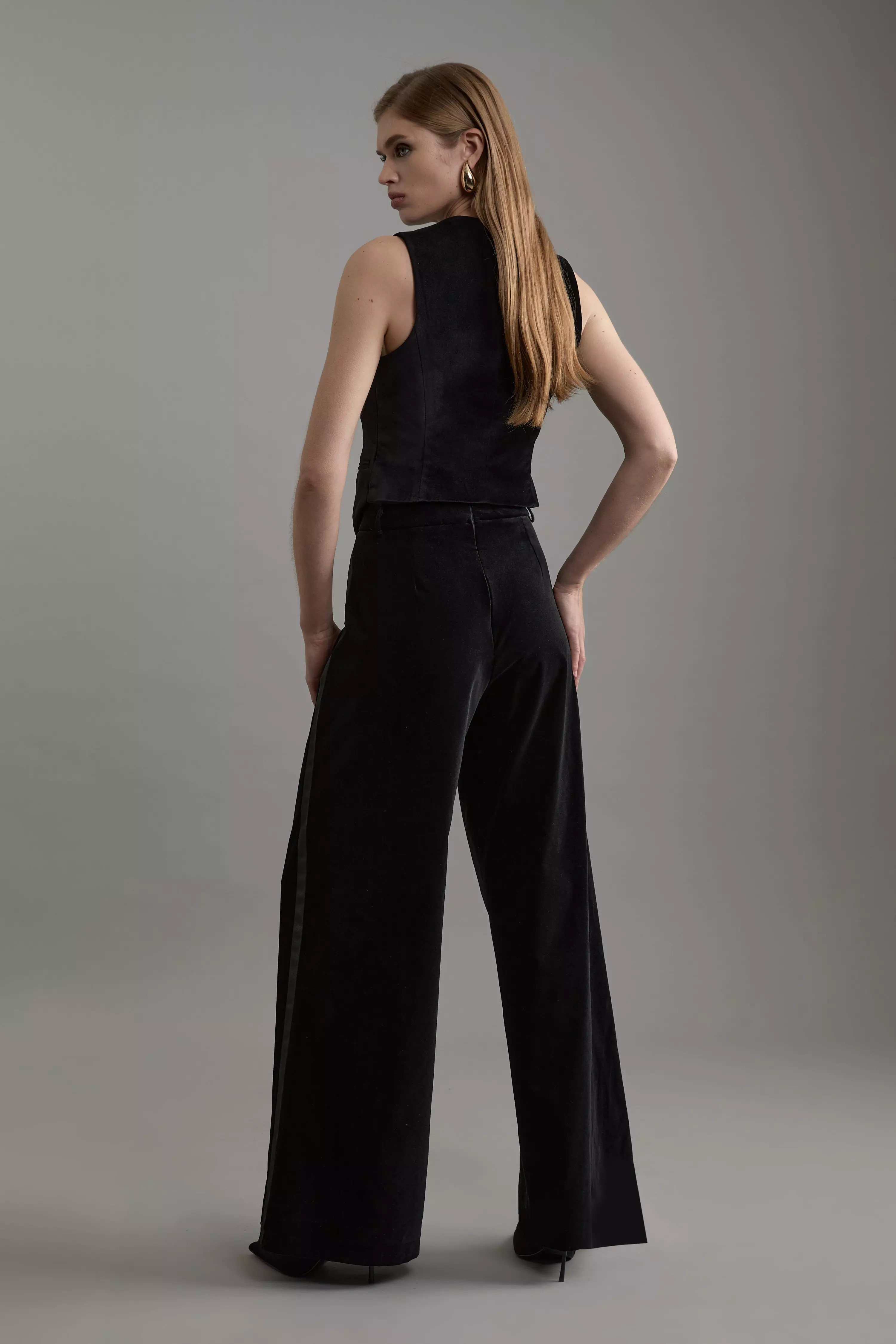 Black Velvet Grograin Detail Tailored Wide Leg Pants alternative image