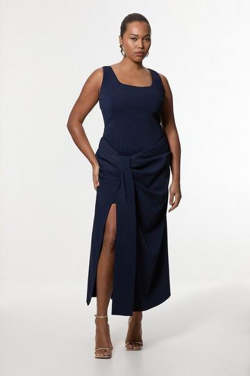 Plus Soft Tailored Waist Drape Corset Maxi Dress navy