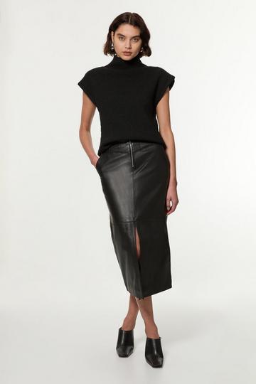 Black Leather Zip Detail Pencil Skirt