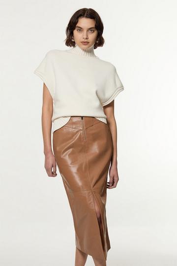 Leather Zip Detail Pencil Skirt camel