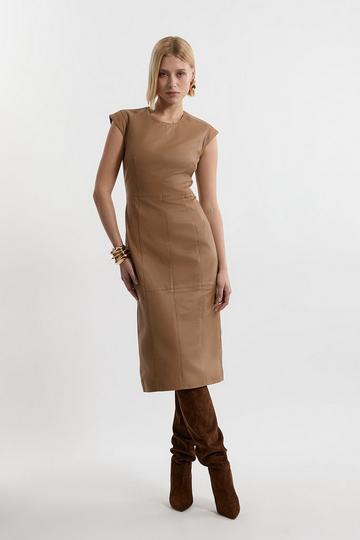 Leather Seam Detail Tailored Pencil Midi Dress camel