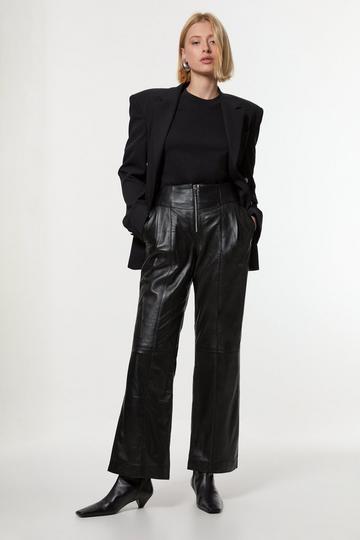 Black Leather Zip Detail High Waist Trousers