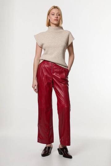 Leather Zip Detail High Waist Trousers red