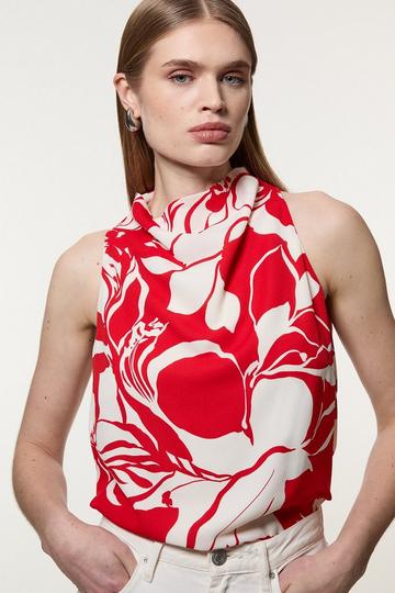 Halter Neck Woven Top With Cowl Neck Detail red