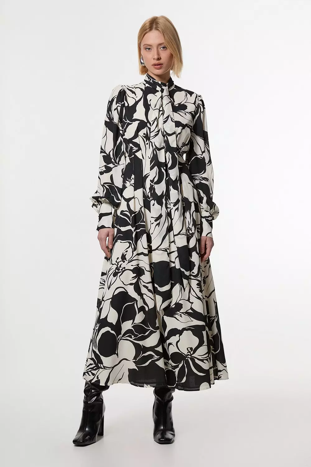 【KAREN MILLEN】フローラルネクタイネックウーブンミディドレス bkk23276_black_xl?$