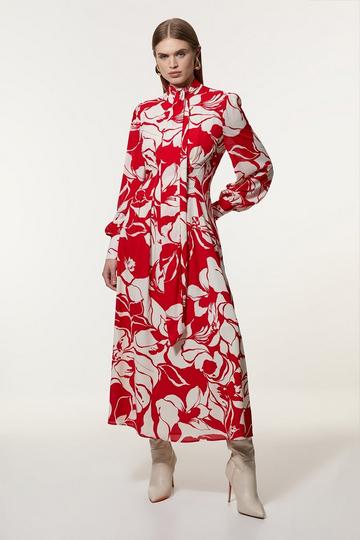 Printed Tie Neck Woven Maxi Dress red