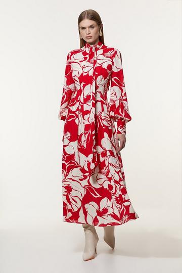 Petite Printed Tie Neck Woven Maxi Dress red