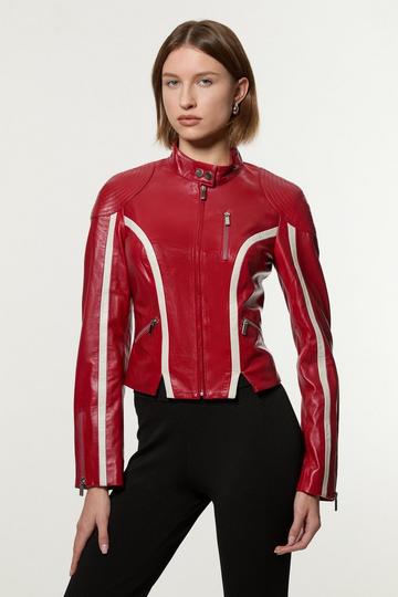 Red Leather Colourblock High Collar Motto Biker Jacket