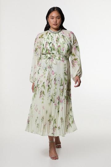 Plus Size Floral Diamante Enamel Trim Woven Pleated Long Sleeve Maxi Dress ivory