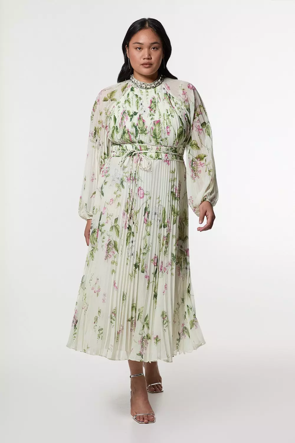 Enchanting Beige Pleated Skirt Floral Dress