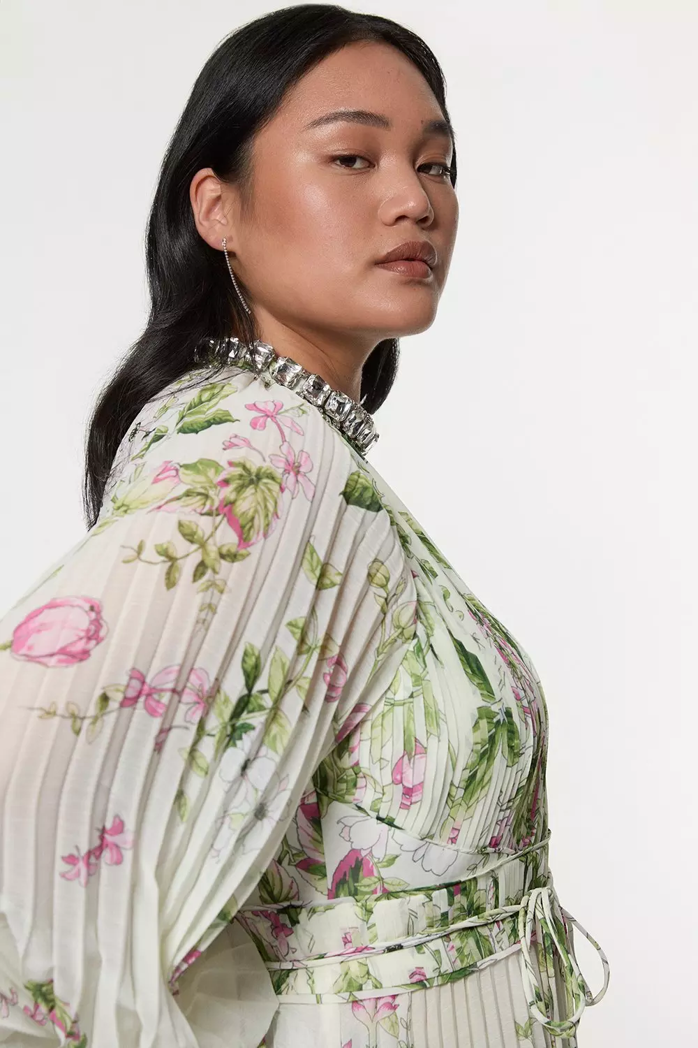 KAREN MILLEN レギュラーサイズ マキシ丈 ドレス KAREN MILLEN ロングワンピース 花 ドレス 無地 マキシ 光沢