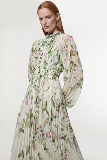 Floral Diamante Enamel Trim Woven Pleated Long Sleeve Maxi Dress ivory
