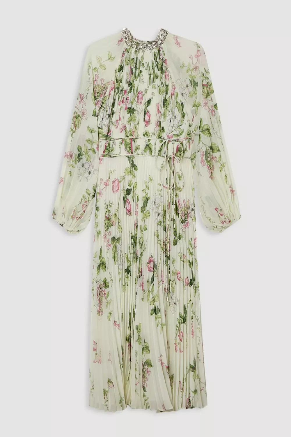 【Karen Millen】フローラル ディアマンテ プリーツドレス Floral Diamante Enamel Trim Woven Pleated Long Sleeve Maxi