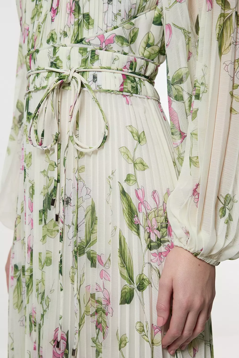 【Karen Millen】フローラル ディアマンテ プリーツドレス Floral Diamante Enamel Trim Woven Pleated Long Sleeve Maxi