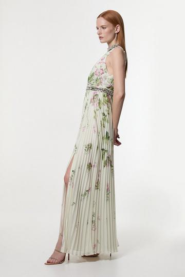Petite Floral Halter Diamante Enamel Trim Woven Pleated Split Maxi Dress ivory