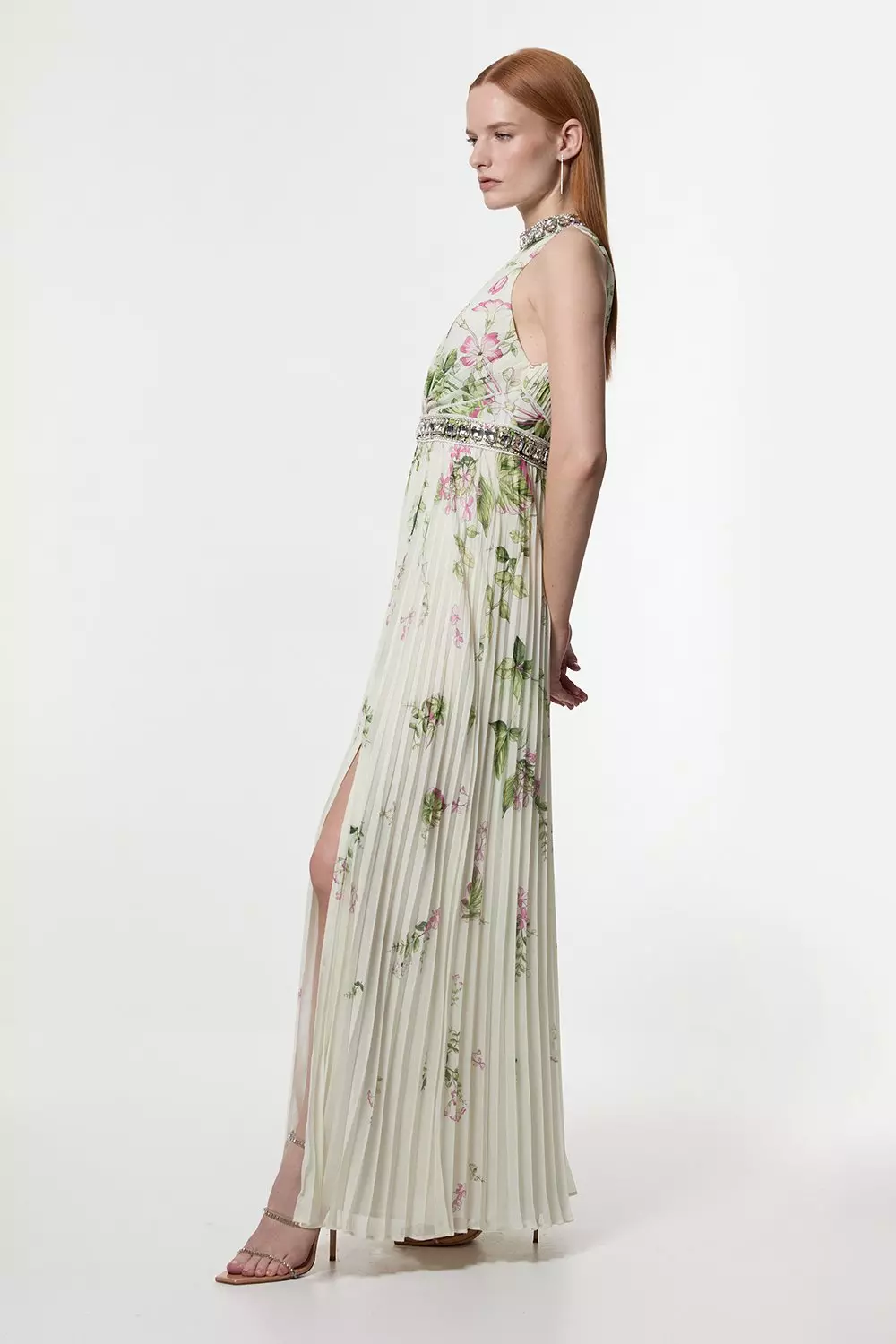【Karen Millen】フローラル ディアマンテ プリーツドレス Floral Diamante Enamel Trim Woven Pleated Long Sleeve Maxi