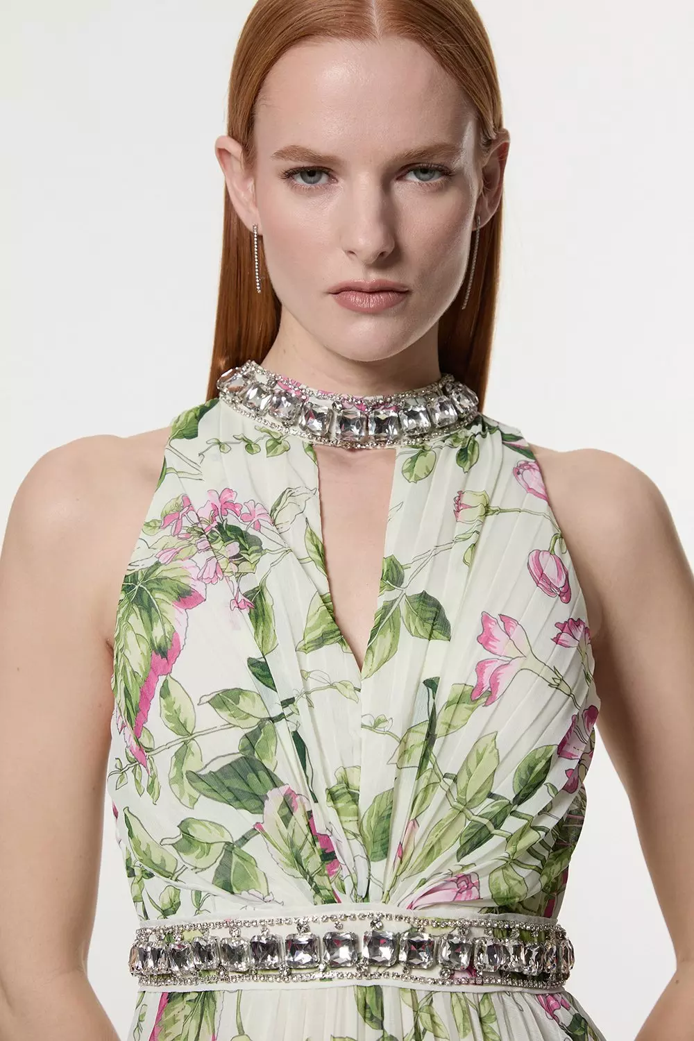 Petite Floral Halter Diamante Enamel Trim Woven Pleated