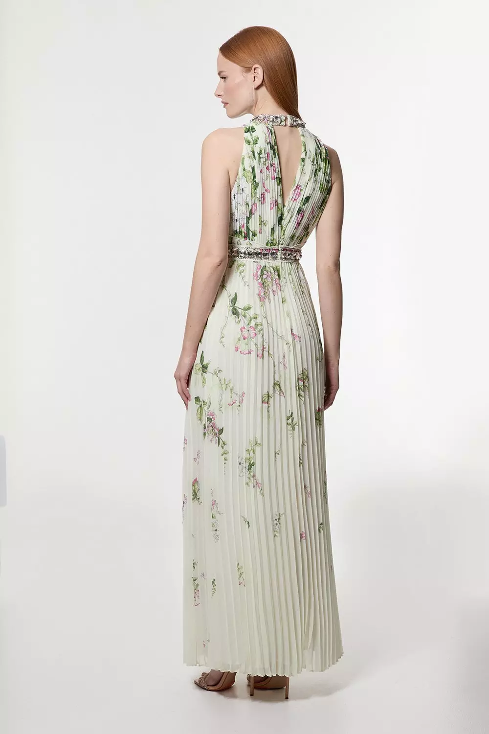 Petite Floral Halter Diamante Enamel Trim Woven Pleated