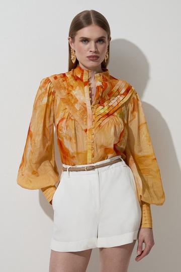 Ombre Floral Silk Cotton Button Down Blouse orange