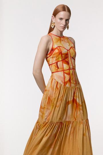 Orange Ombre Floral Silk Cotton Halter Midaxi Dress