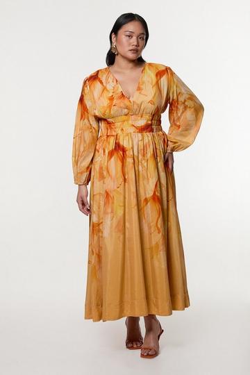 Plus Size Ombre Floral Silk Cotton Plunge Maxi Dress orange