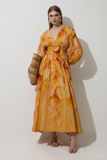 Ombre Floral Silk Cotton Plunge Maxi Dress orange