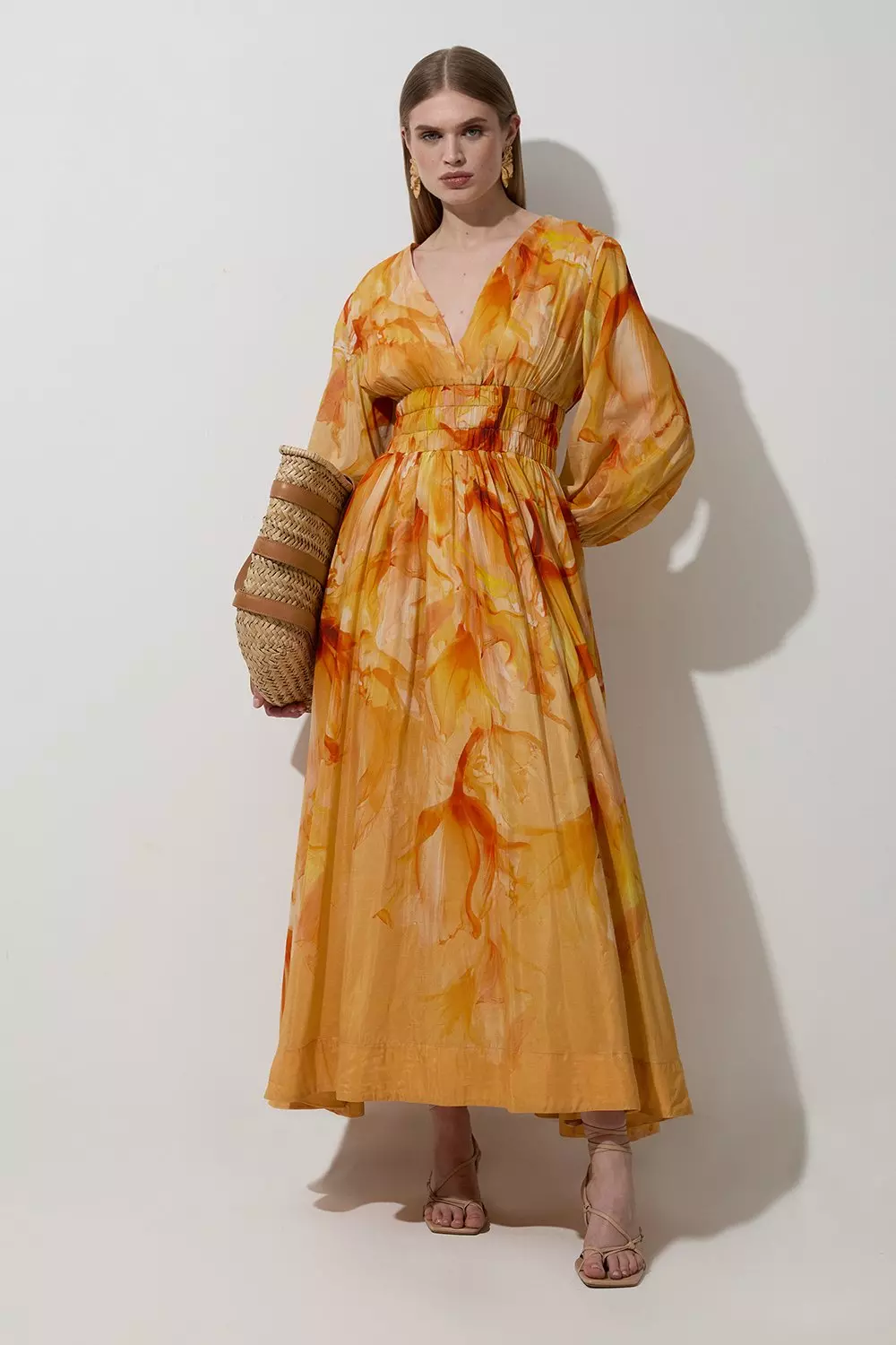 ◆KAREN MILLEN◆ 花柄ビスコースリネンマキシスカート / orange Ombre Floral Silk Cotton Plunge Maxi Dress | Karen Millen