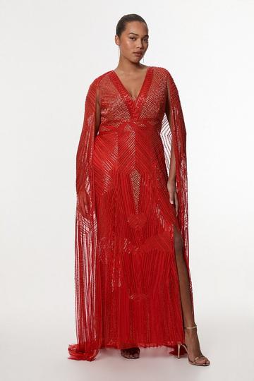 Red Plus Size Premium Embellished Caped Maxi Dress