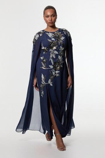 Plus Size Floral 3D Embellished Drama Cape Sleeve Woven Maxi Dress navy