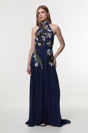 Navy Floral 3D Embellished Halter Tie Neck Woven Maxi Dress