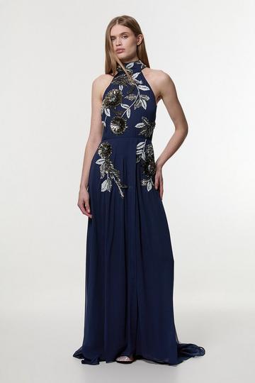 Navy Petite Floral 3D Embellished Halter Tie Neck Woven Maxi Dress