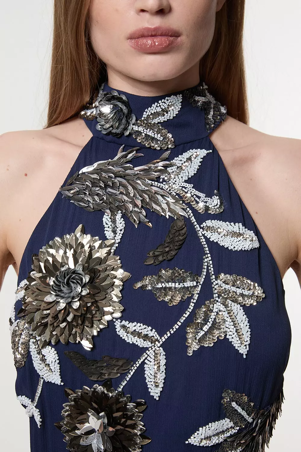 Petite Floral 3D Embellished Halter Tie Neck Woven Maxi