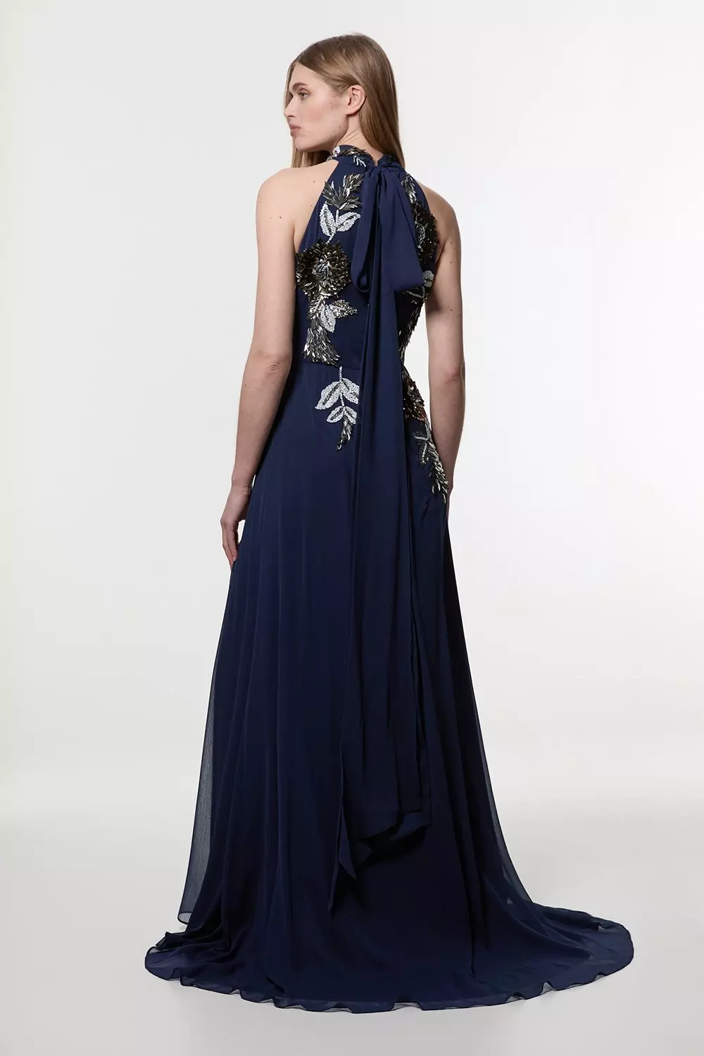 Petite Floral 3D Embellished Halter Tie Neck Woven Maxi