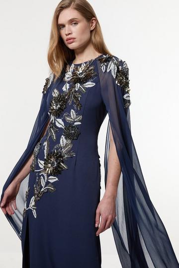 Floral 3D Embellished Drama Cape Sleeve Woven Maxi Dress navy