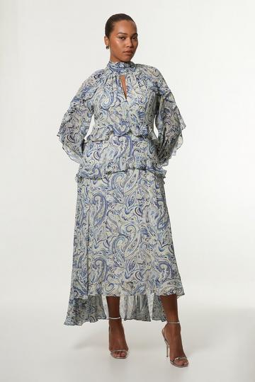 Blue Plus Size Viscose Crinkle Paisley Frill Detail Maxi Dress