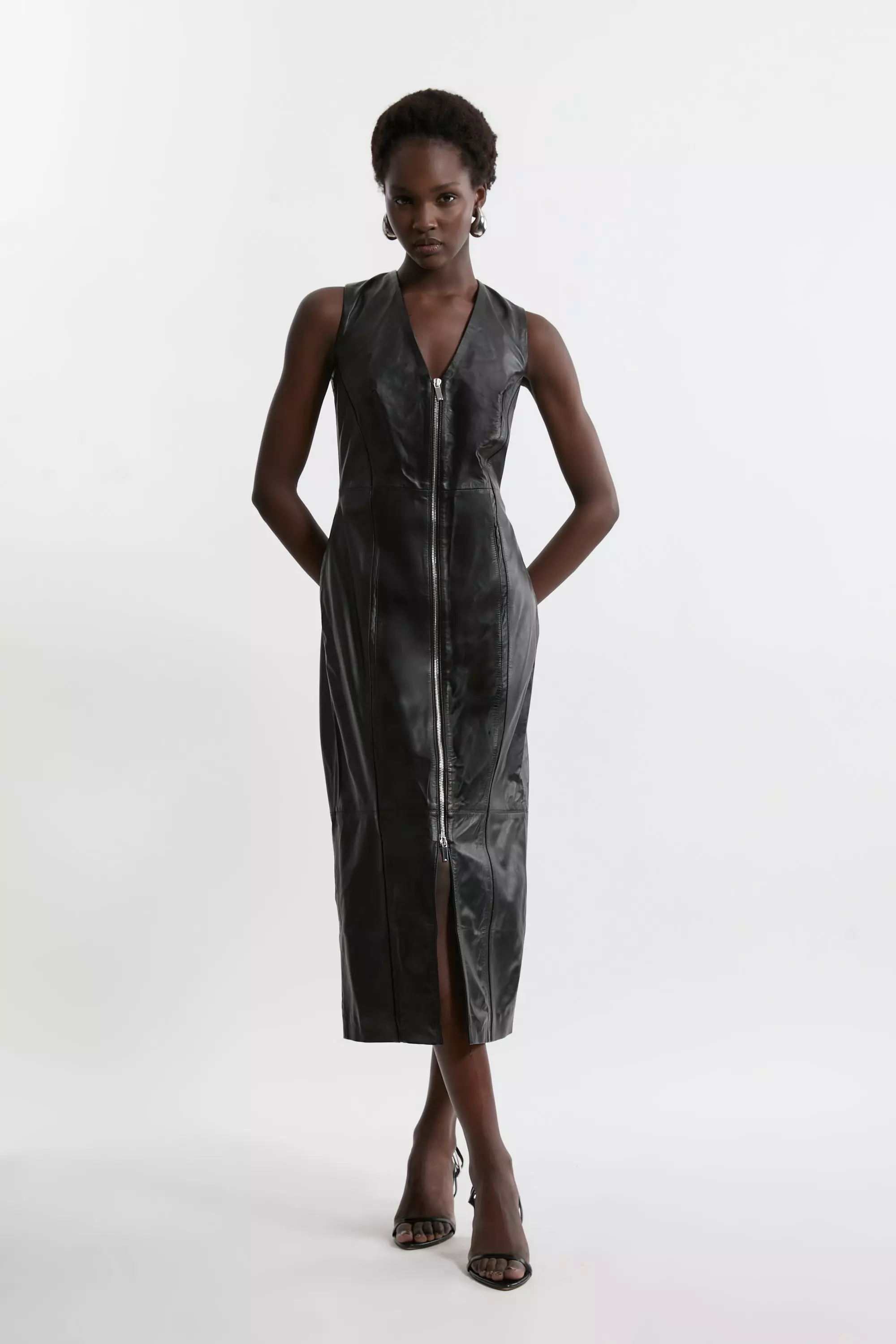 KAREN MILLEN ミダクシコート ウール ベルト付き ノッチネック Leather Zip Through Sleeveless Seam Detail Pencil Dress