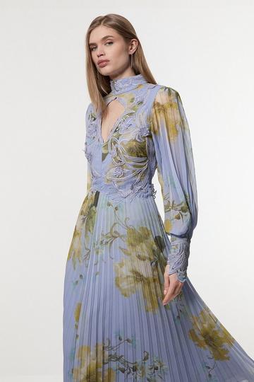 Blue Floral Applique Lace Pleated Woven Maxi Dress
