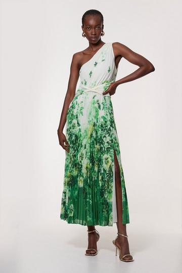 Green Petite Printed Pleated Yoryu Crinkle Woven Maxi Dress