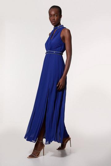 Petite Halter Diamante Enamel Trim Woven Pleated Split Maxi Dress cobalt