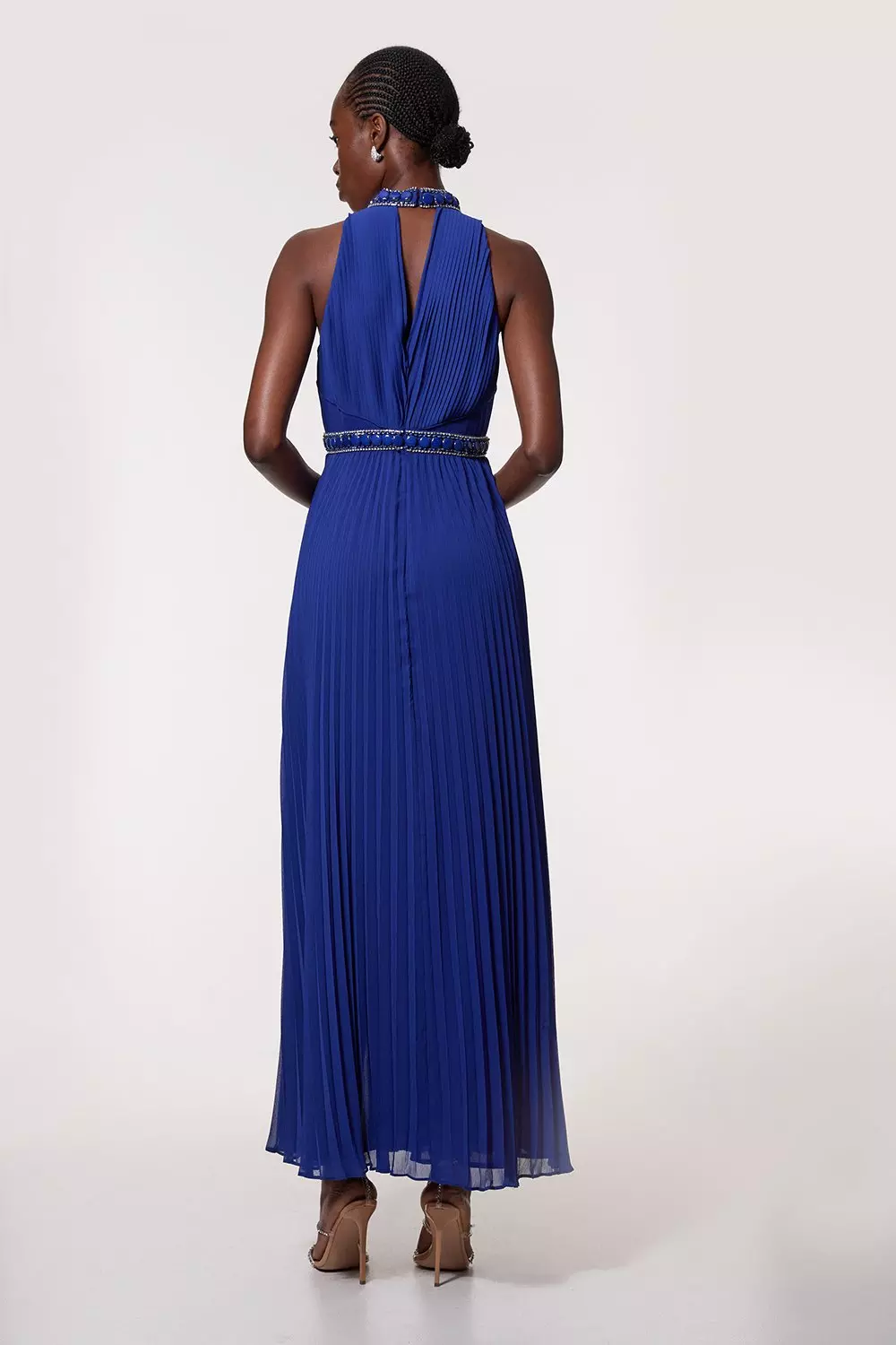 Petite Halter Diamante Enamel Trim Woven Pleated Split Maxi