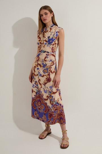 Petite Premium Viscose Linen Paisley Border Print Woven Midi Dress multi