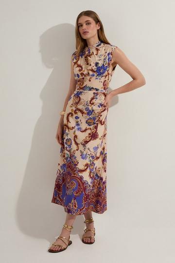 Premium Viscose Linen Paisley Border Print Woven Midi Dress multi