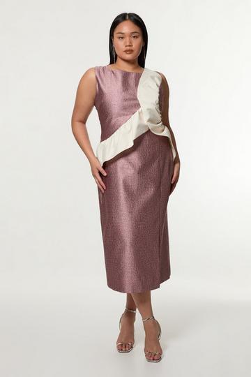 Plus Size Textured Tailored Contrast Taffeta Ruffle Maxi Dress blush